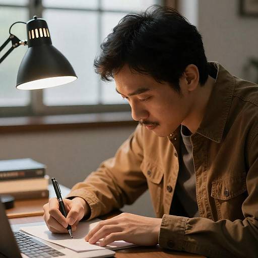 Focused Asian Man Writing at Desk