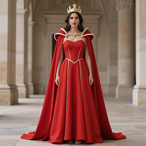 Photorealistic image of a fair-skinned woman with dark hair, wearing a gold crown, red velvet gown with gold trim, and cape, standing