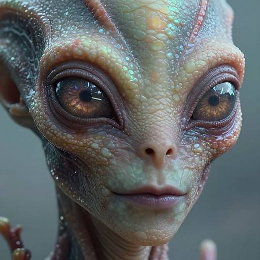 Close-up CGI of a textured, alien creature with large, reflective brown eyes, scaly skin, and intricate, reptilian features, set against a