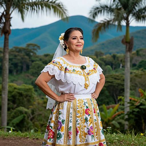 Photograph of a Hispanic woman in traditional floral and lace dress, adorned with gold embroidery, standing in tropical landscape with palm trees and mountains.