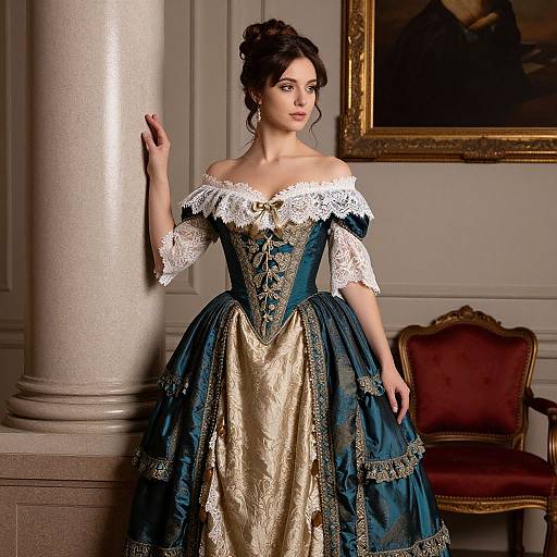 Photograph of a fair-skinned woman with dark hair in an elaborate, off-shoulder, blue and gold, 18th-century-style gown