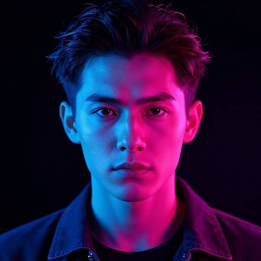Photograph of a young man with short, dark hair, illuminated by blue and pink neon lights against a black background.