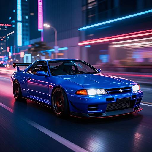 Photograph of a sleek, blue, turbocharged Nissan Skyline GT-R speeding through a neon-lit urban street at night, with colorful lights bl