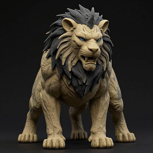 Digital CGI of a fierce, muscular lion with a dark, spiked mane, glowing blue eyes, and a snarling expression, set against a solid
