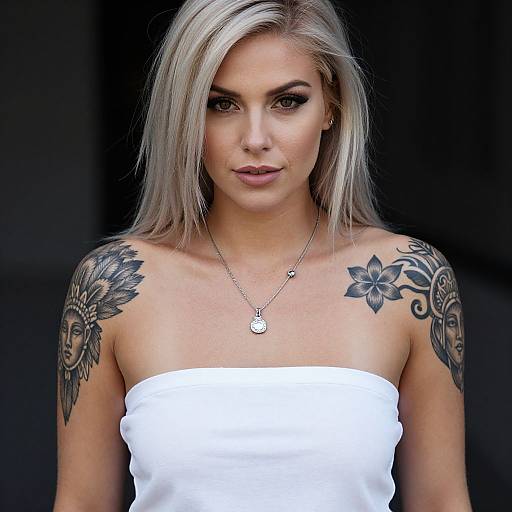 Photograph of a woman with long blonde hair, white strapless top, wearing a silver necklace, showcasing large black tattoos on her shoulders, against a