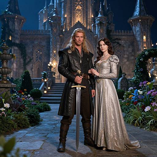 Photograph of a blonde man in black leather armor and a silver-haired woman in a shimmering silver gown, standing before a glowing medieval castle at night