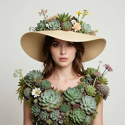 Photograph of a woman with long brown hair, wearing a large straw hat adorned with succulents and flowers, and a dress covered in various succ