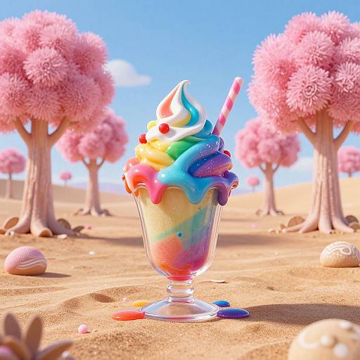 Vibrant, colorful sundae with swirls of blue, yellow, pink, and green, topped with cherries and a striped straw, in