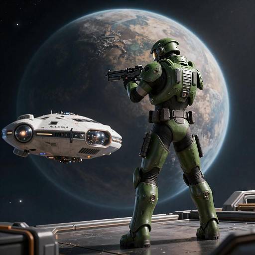 Sci-Fi Soldier in Green Armor on Space Station