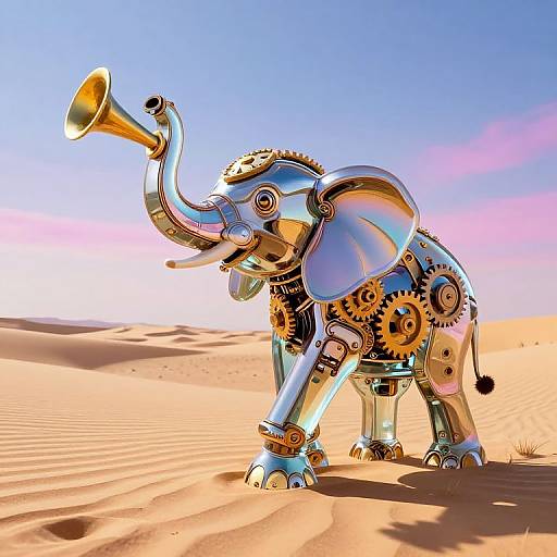 Digital artwork of a metallic, gear-driven elephant with a trumpet, standing in a desert under a bright blue sky.