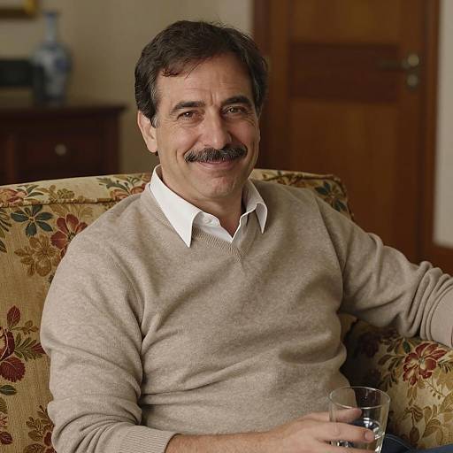 Middle-aged Man Sitting on Floral Couch