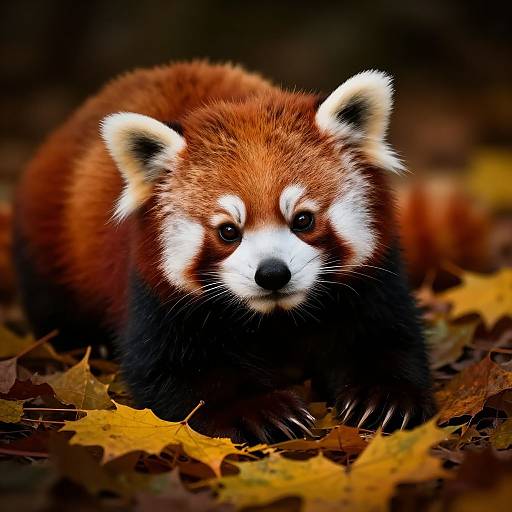 Photograph of a cute red panda with striking white facial markings, black fur on its legs, and reddish-brown fur, crouching on