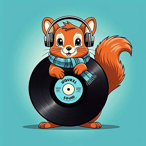 Cute Cartoon Squirrel with Vinyl Record Logo