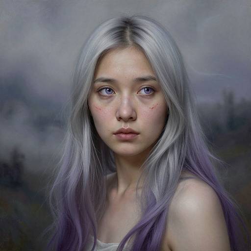 Digital painting of a young woman with long, silver-purple hair, pale skin, and purple eyes, set against a misty, dark background.