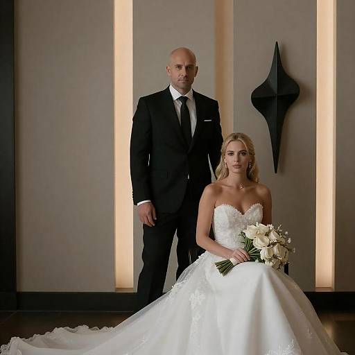 Bald Groom Beside Seated Bride, Modern