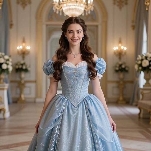 Photograph of a smiling young woman with long brown hair, wearing a light blue, intricate, off-shoulder, ball gown in an opulent