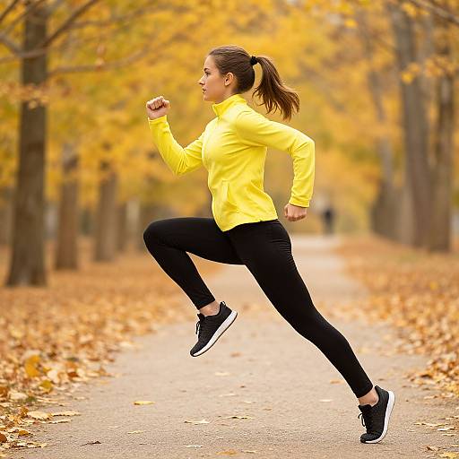 Photograph of a fit, brown-haired woman in a yellow jacket, black pants, and black sneakers, running on a fall-colored path.