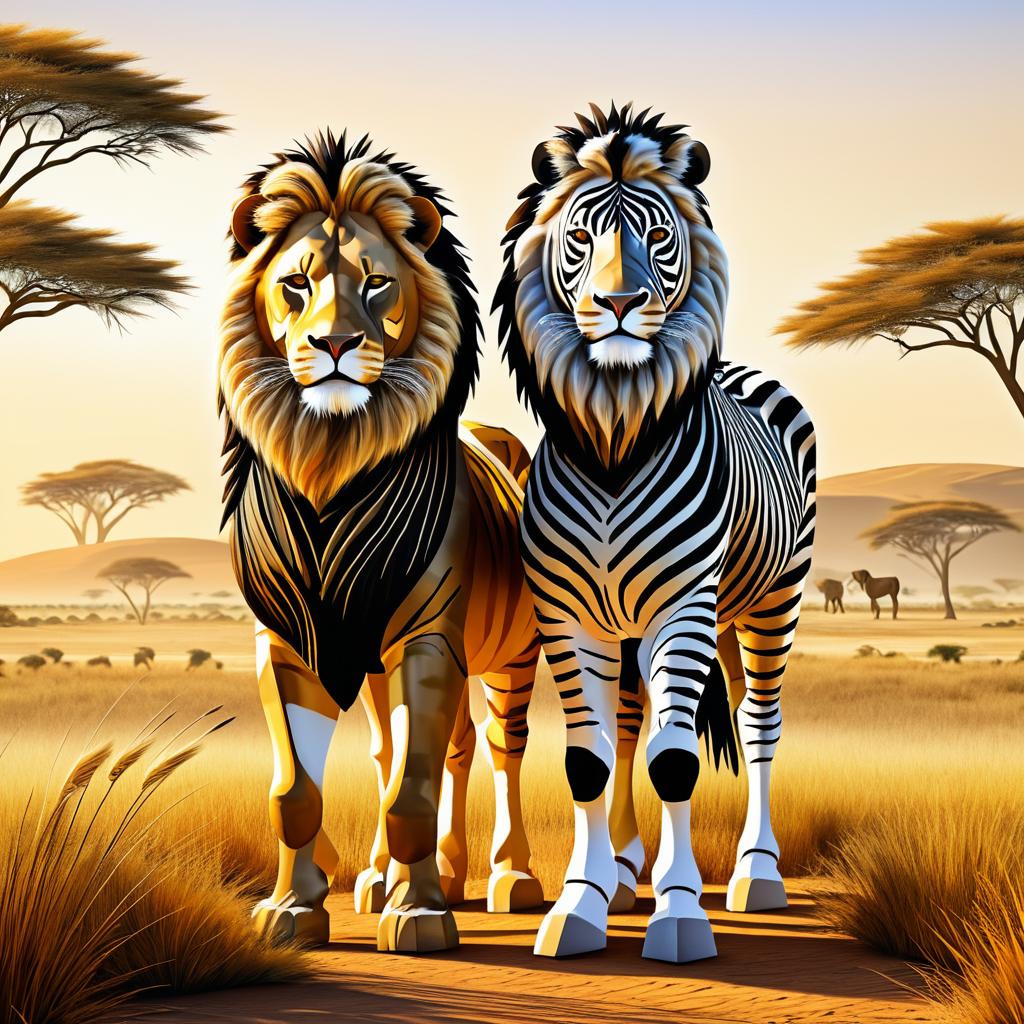 Realistic Portrait of Lion and Zebra