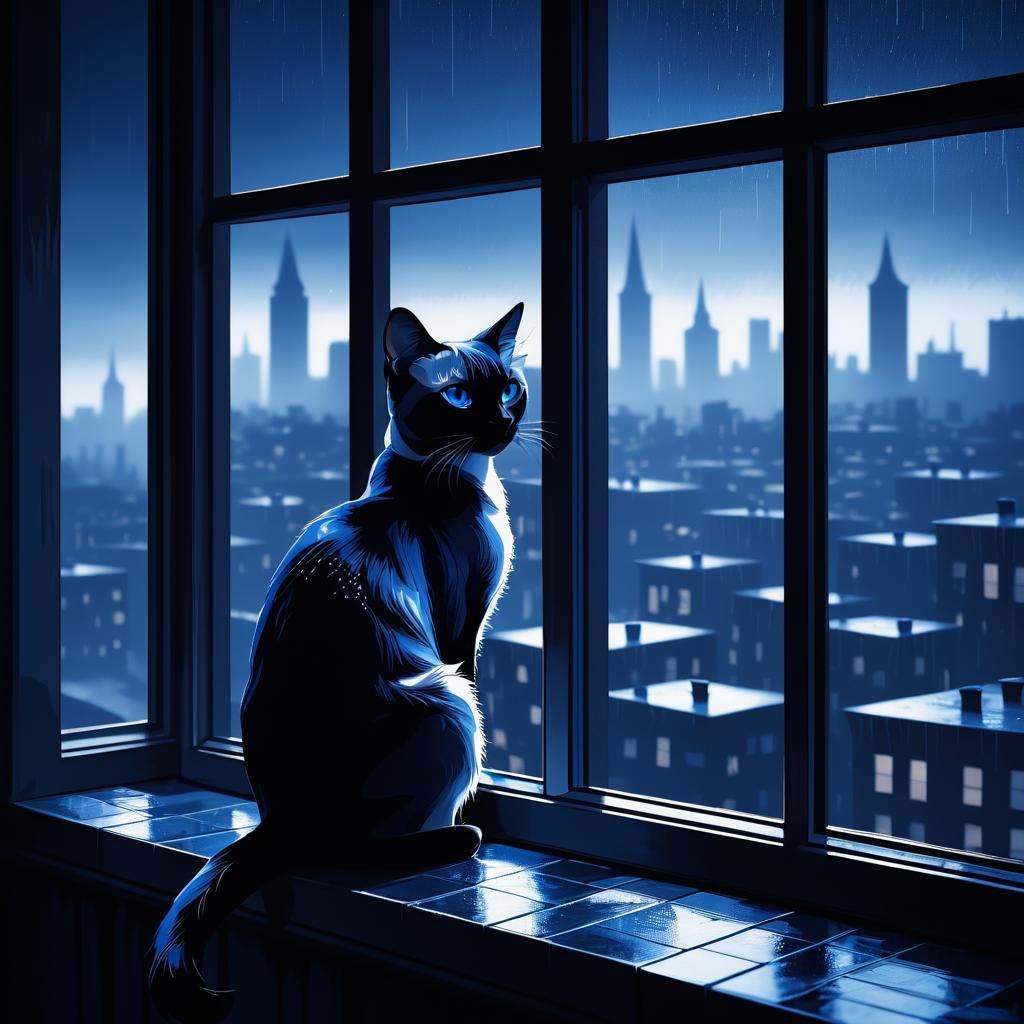 Siamese Cat in Noir Rainy Cityscape