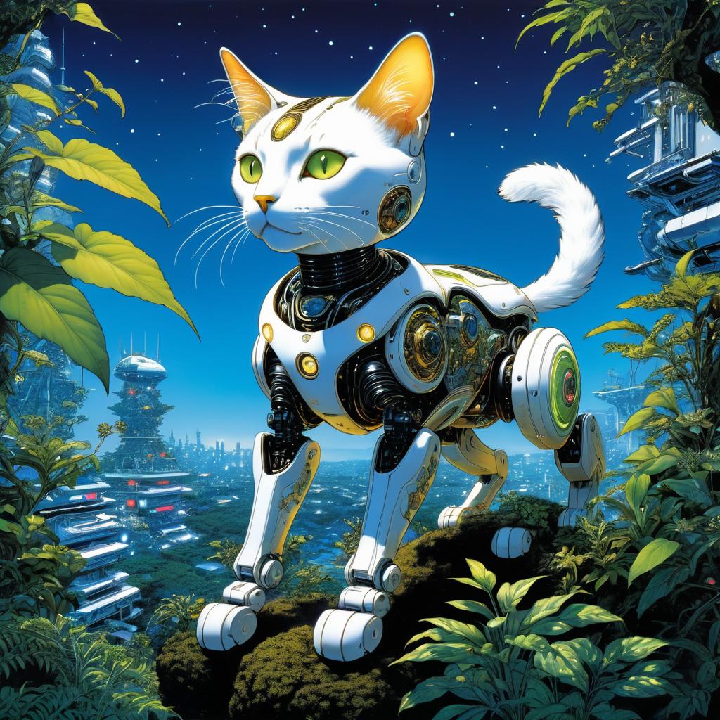 Surreal Cybernetic Cat in Vibrant Jungle