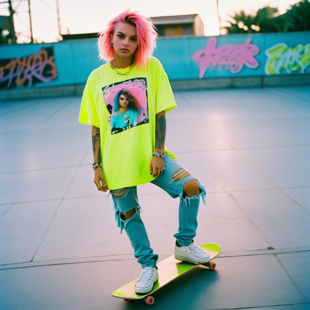 Rebellious Skateboarder in Neon Style