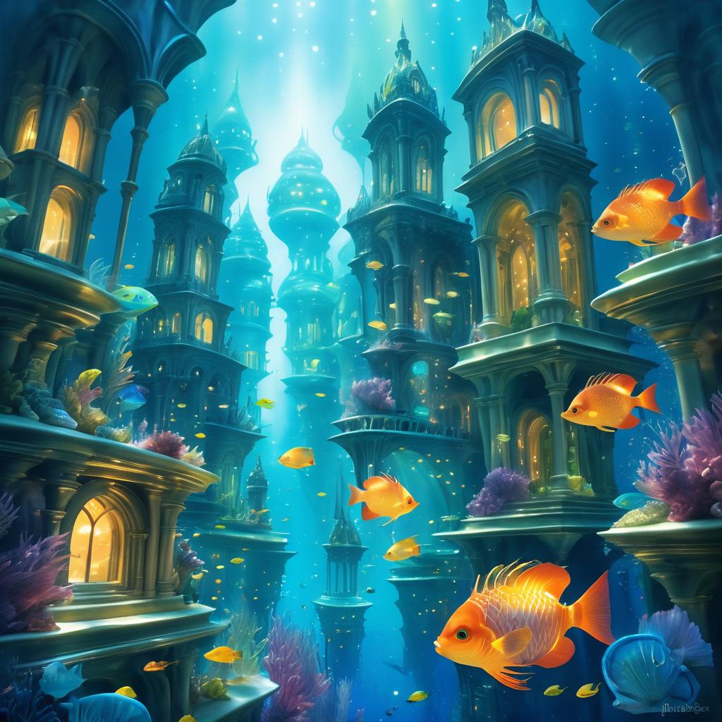 Whimsical Underwater City with Glowing Fish