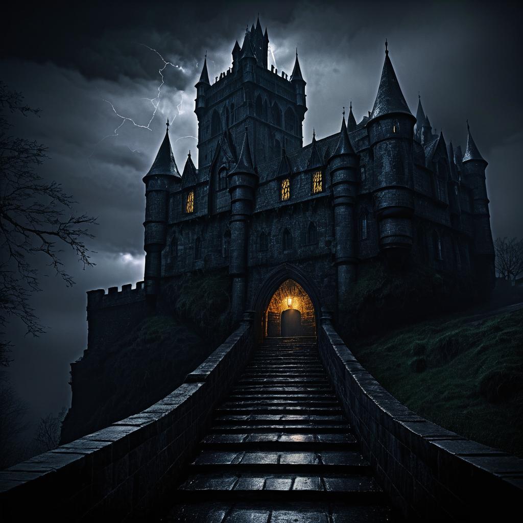 Eerie Haunted Castle on a Rainy Night