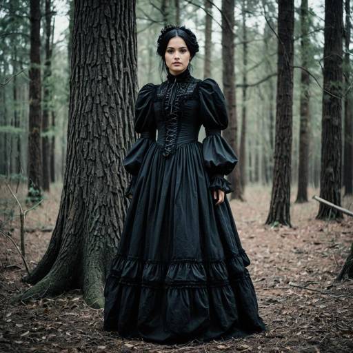 Woman in Gothic Victorian Black Dress in Forest