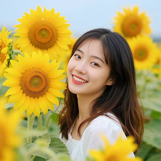 Photograph of a smiling Asian woman with long black hair, wearing a white shirt, surrounded by vibrant yellow sunflowers in a field. Bright, sunny