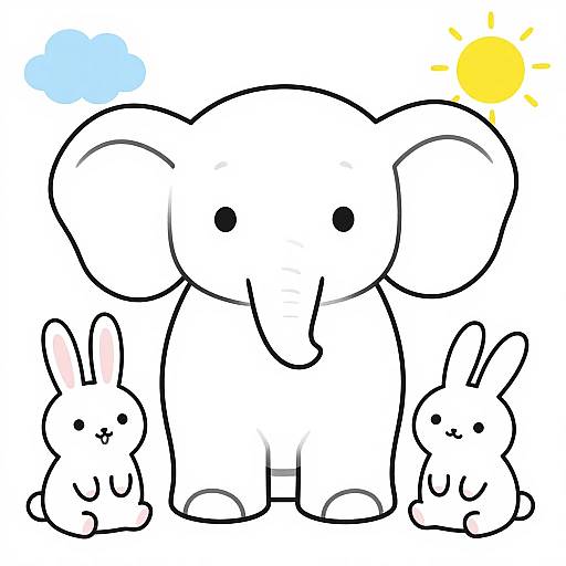 Cartoon-style drawing of a large, smiling elephant with three small rabbits, blue cloud, and yellow sun on white background.