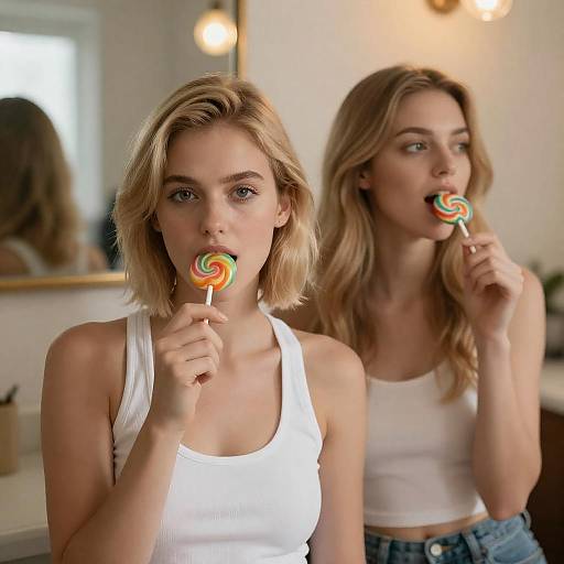 Blonde Women Enjoying Colorful Lollipops