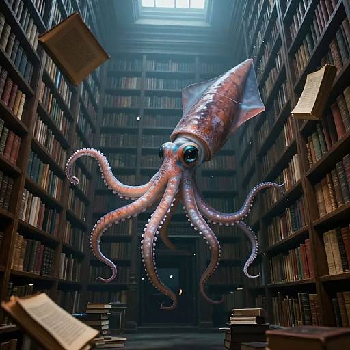 Colossal Squid in Ancient Library