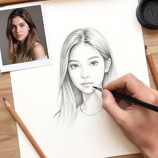 Photograph of a realistic black-and-white pencil sketch of a young woman with long hair, being drawn by a hand with a pencil. A small photo
