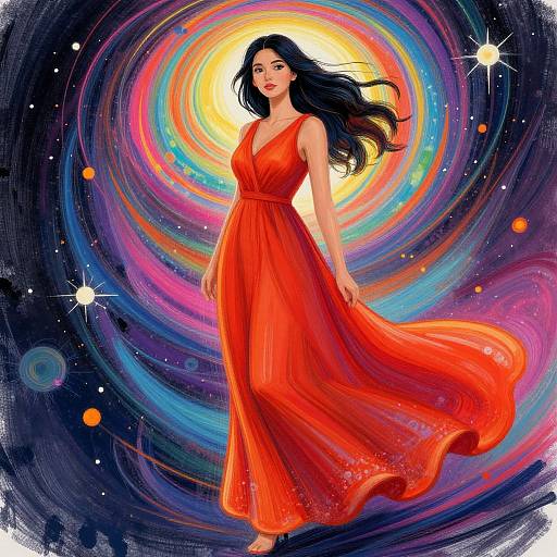 Digital art of a woman with long black hair in a flowing red dress, standing against a vibrant, cosmic swirl background.