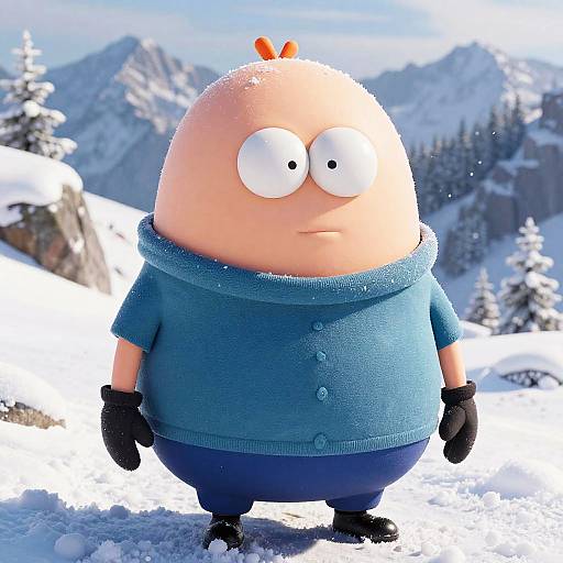 CGI cartoon of a chubby, bald man with large eyes, wearing a blue sweater, black gloves, and pants, standing in snowy mountains.