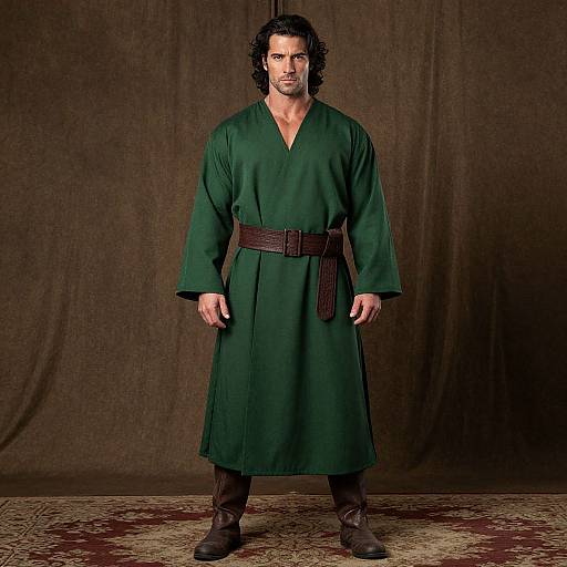 Photograph of a muscular man with dark hair, wearing a green medieval-style robe, brown belt, and boots, standing against a brown fabric backdrop.