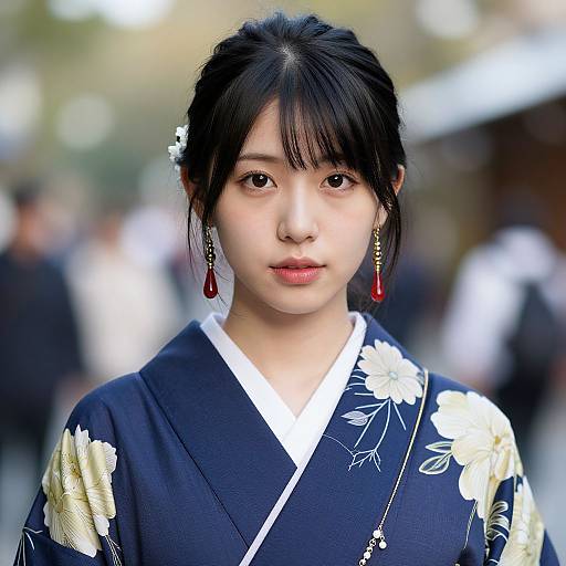 Photograph of a young Asian woman with black hair in a traditional blue yukata adorned with white floral patterns, wearing red teardrop earrings,