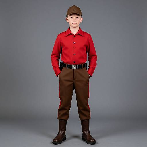 Photograph of a young boy in a red shirt, brown pants, black belt, and cap, standing with hands in pockets against a gray background.