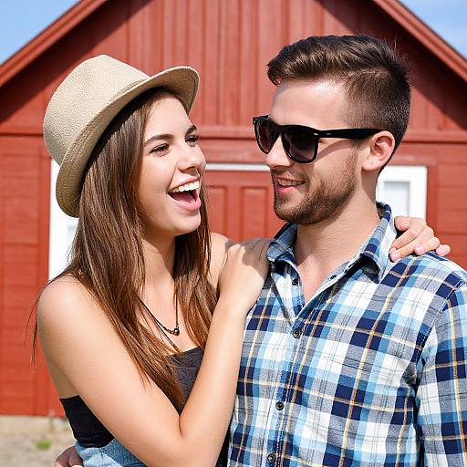 Photograph of a smiling young woman with long brown hair and a beige hat, hugging a bearded man in black sunglasses and a blue plaid