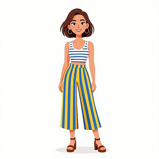 Cartoon-style illustration of a smiling woman with brown hair, wearing a striped tank top, yellow and blue striped pants, and brown sandals.
