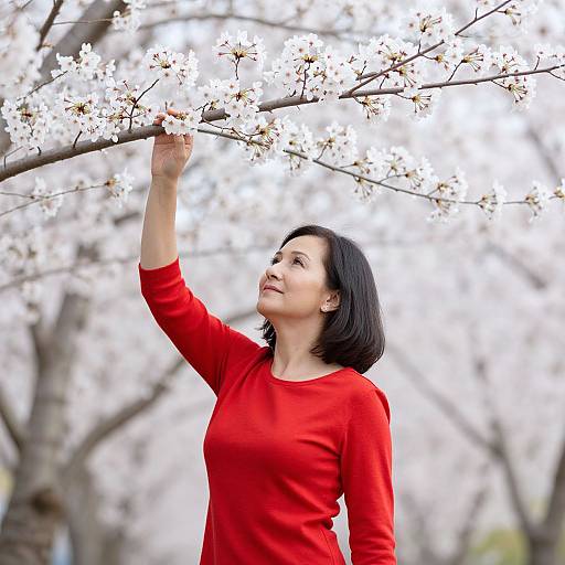 Photograph of an Asian woman with short black hair, wearing a red long-sleeve shirt, reaching up to touch blooming white cherry blossoms