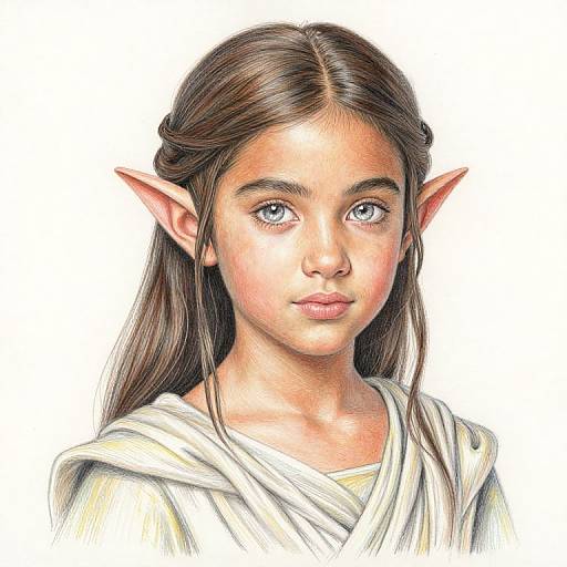 Digital drawing of a young elf girl with long brown hair, pointed ears, blue eyes, and a white robe, against a white background.