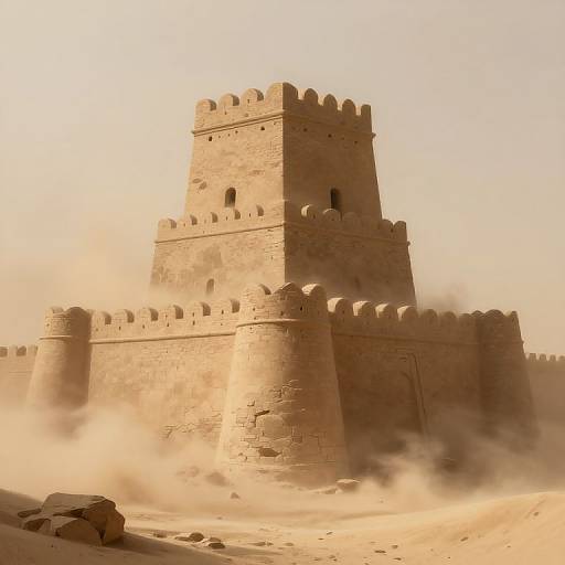 Photograph of a towering, sunlit, sandstone castle with crenellated walls, surrounded by blowing desert sand in a sandy landscape.