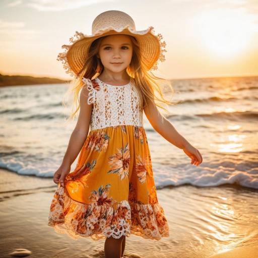 Toddler Girl in Floral Dress at Beach Sunset