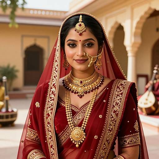 Photograph of a South Asian bride in a red and gold traditional saree with intricate jewelry, including a maang tikka and jhumka earrings