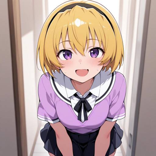 Cheerful Girl with Purple Eyes and Fang