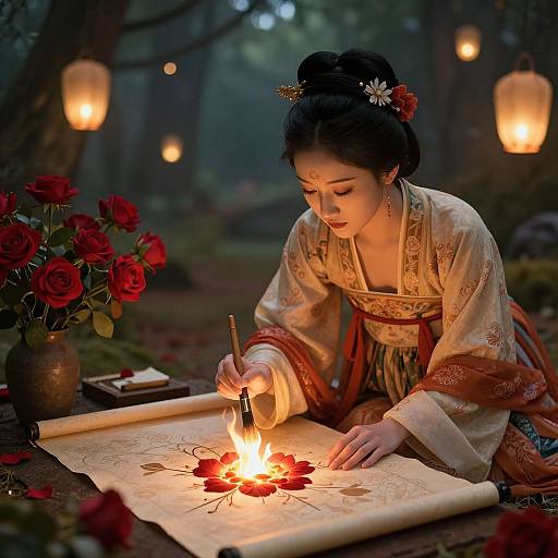 Photograph of a Japanese woman in traditional kimono, illuminating intricate paper art with a candle, surrounded by red roses and lanterns in a moon