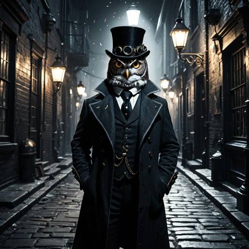 Steampunk Owl Detective in Victorian Alley