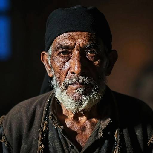 Photograph of an elderly, dark-skinned man with a white beard, black cap, and brown shirt, illuminated against a dark, blurred background.