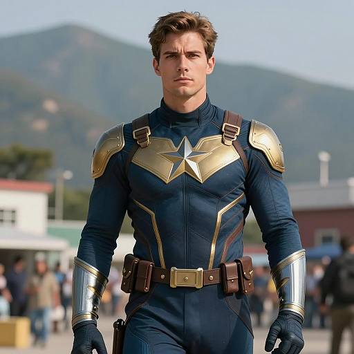 Young Male Superhero in Blue and Gold Costume